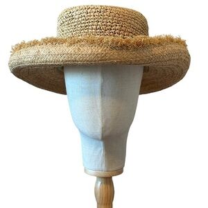 Scala Studio Boho Straw Hat Frayed Brim‎ Woven Patterned Band Detail One Size